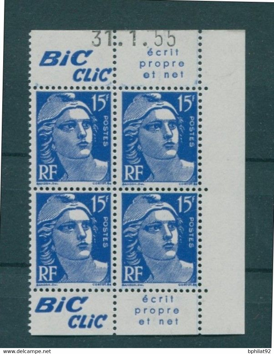 !!! 15 F MARIANNE DE GANDON BLOC DE 4 AVEC PUBS BIC CLIC ET COIN DATE NEUF ** - 1950-1959