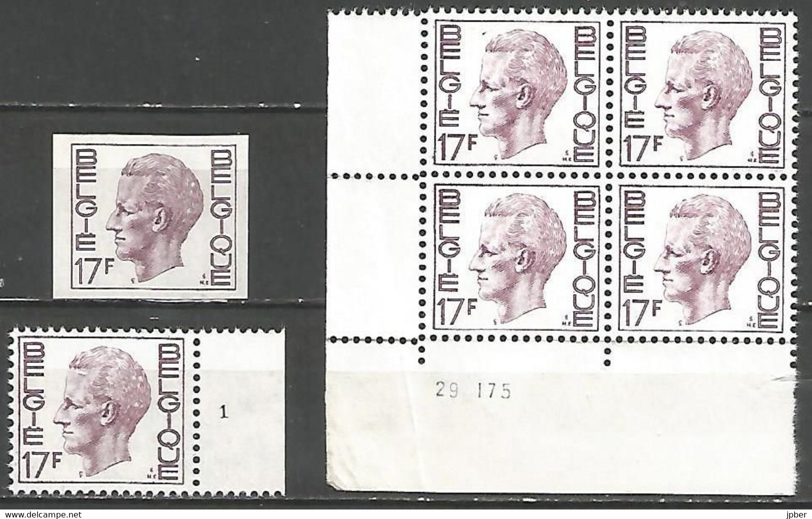 Belgique - Type Elström 17 Frs - N°1875 - Non Dentelé + N°planche 1 + Bloc De 4 Coin Daté - 1970-1980 Elström