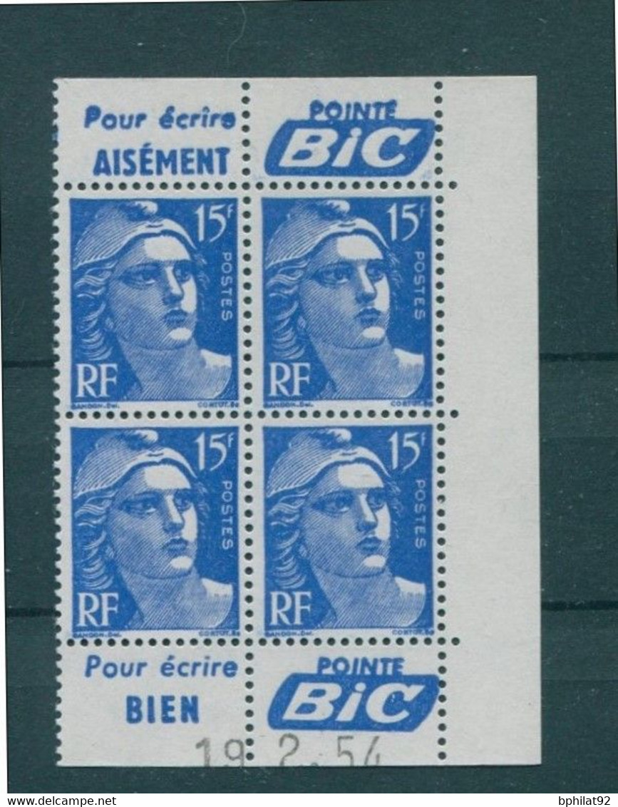 !!! 15 F MARIANNE DE GANDON BLOC DE 4 AVEC PUBS POINTE BIC ET COIN DATE NEUF ** - 1950-1959