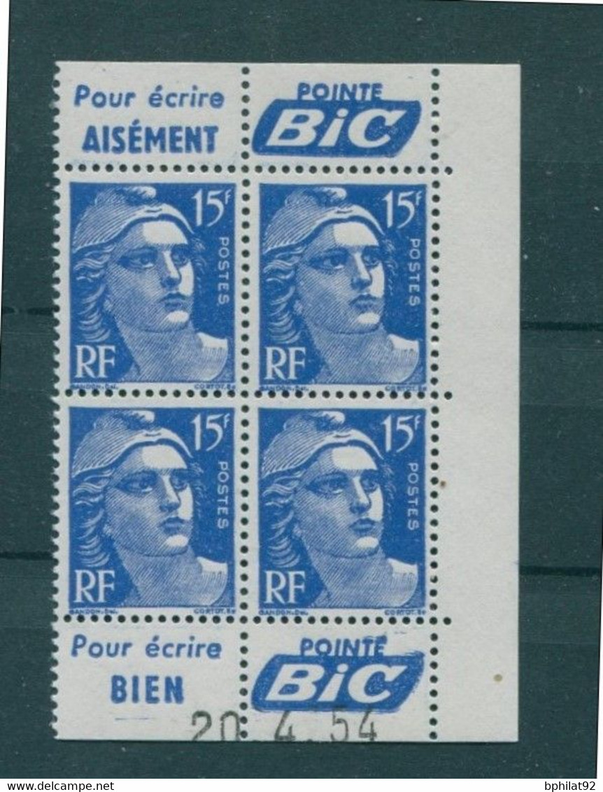 !!! 15 F MARIANNE DE GANDON BLOC DE 4 AVEC PUBS POINTE BIC ET COIN DATE NEUF ** - 1950-1959