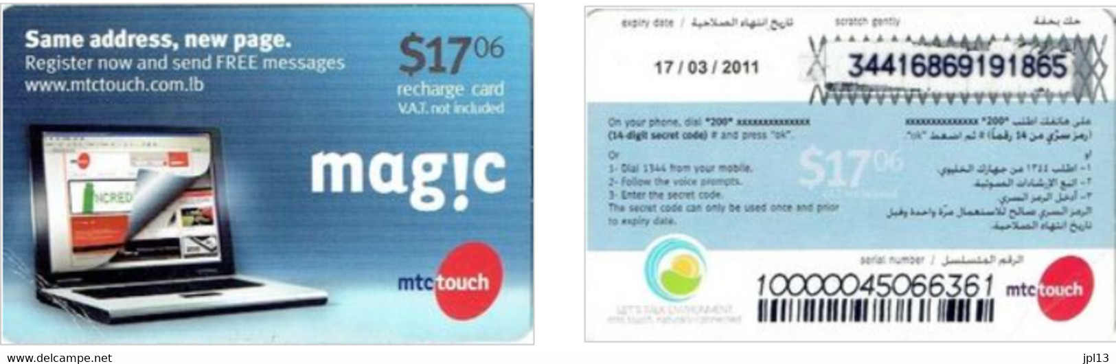Recharge GSM - Liban - MTC Touch - Magic - Computer $17,06, Exp. 22/09/2011, 1 Sans Pied - Liban