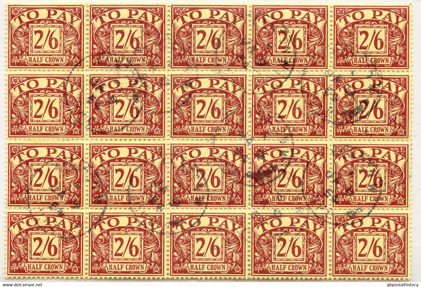 GB POSTAGE DUE 1938, Postage Due 2 Sh. 6 P Brown On Yellow, Extremely Rare Large Used Unit Of 20 Items, One Stamp With - Impuestos