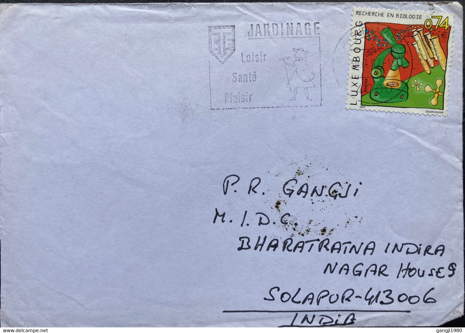 LUXEMBOURG 2002, REASERCH ,MICROSCOPE, LABROTARY ,JARDINAGE LOISIR SANTE PLAISIR ,GARDENING FOR HEALTH, COVER TO INDIA - Briefe U. Dokumente