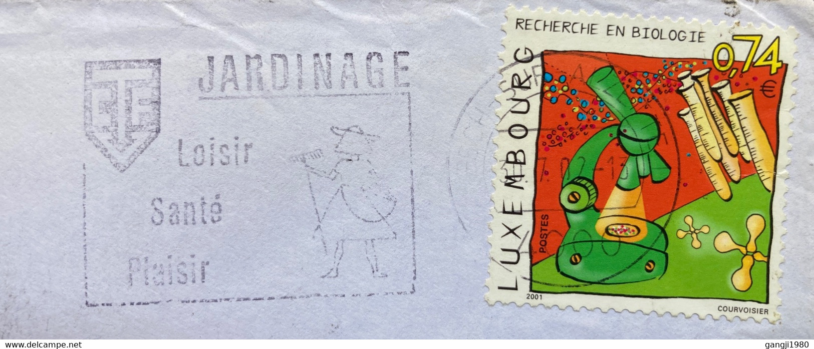 LUXEMBOURG 2002, REASERCH ,MICROSCOPE, LABROTARY ,JARDINAGE LOISIR SANTE PLAISIR ,GARDENING FOR HEALTH, COVER TO INDIA - Briefe U. Dokumente