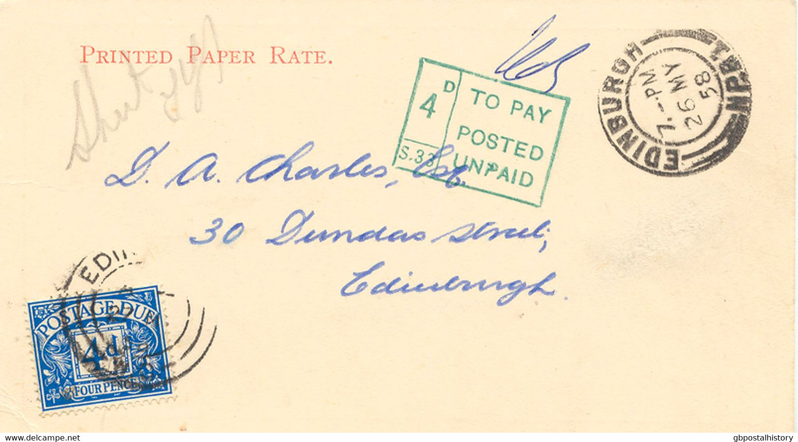 GB POSTAGE DUE 1958 Very Fine Local Printed Matter With Postage Due 4d Blue And CDS "EDINBURGH W.C." As Well As Rare CDS - Tasse