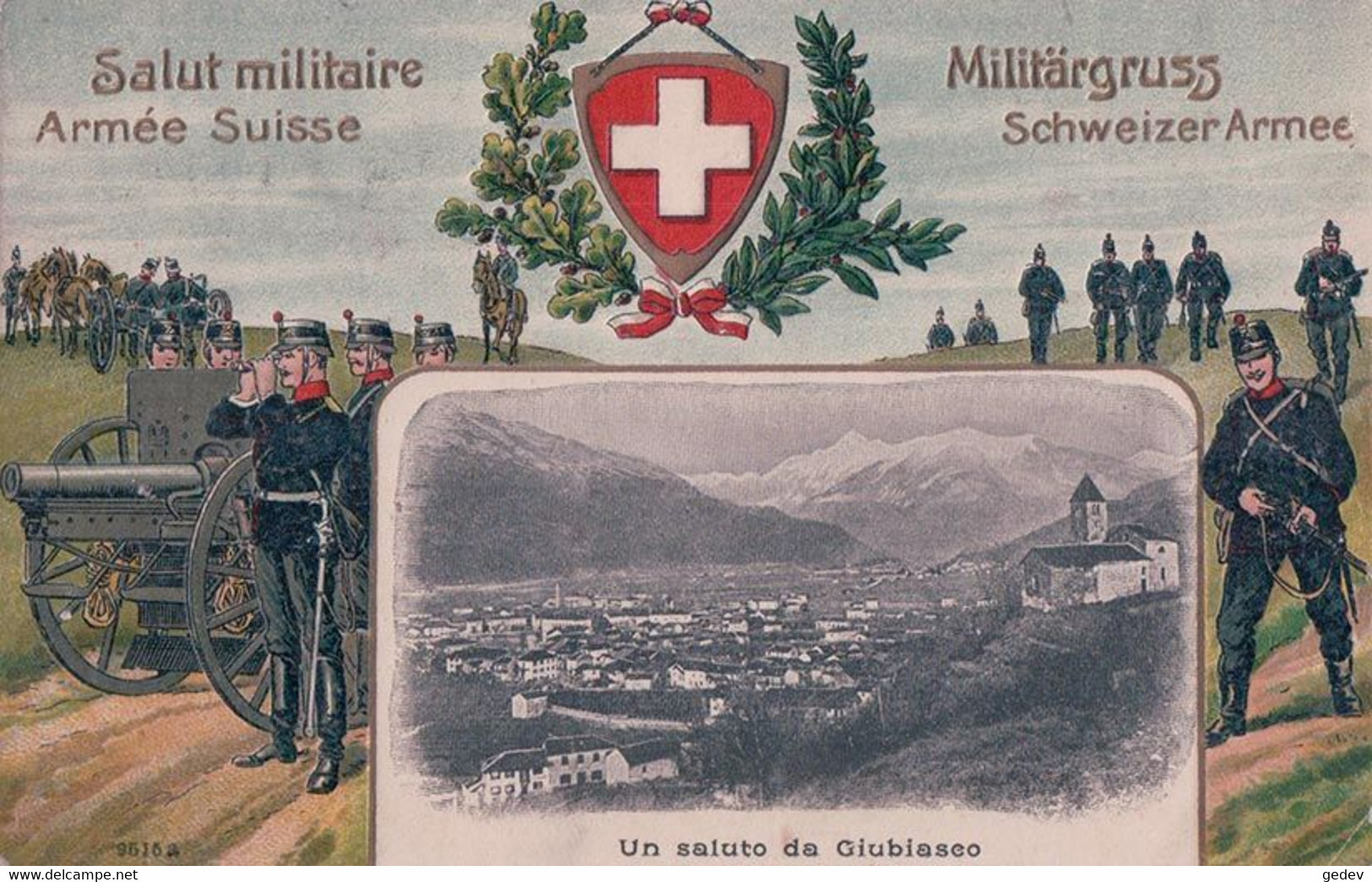 Armée Suisse, Canonniers Et Armoirie, Un Saluto Da Giubiasco, Litho Gaufrée (9515 A) - Giubiasco