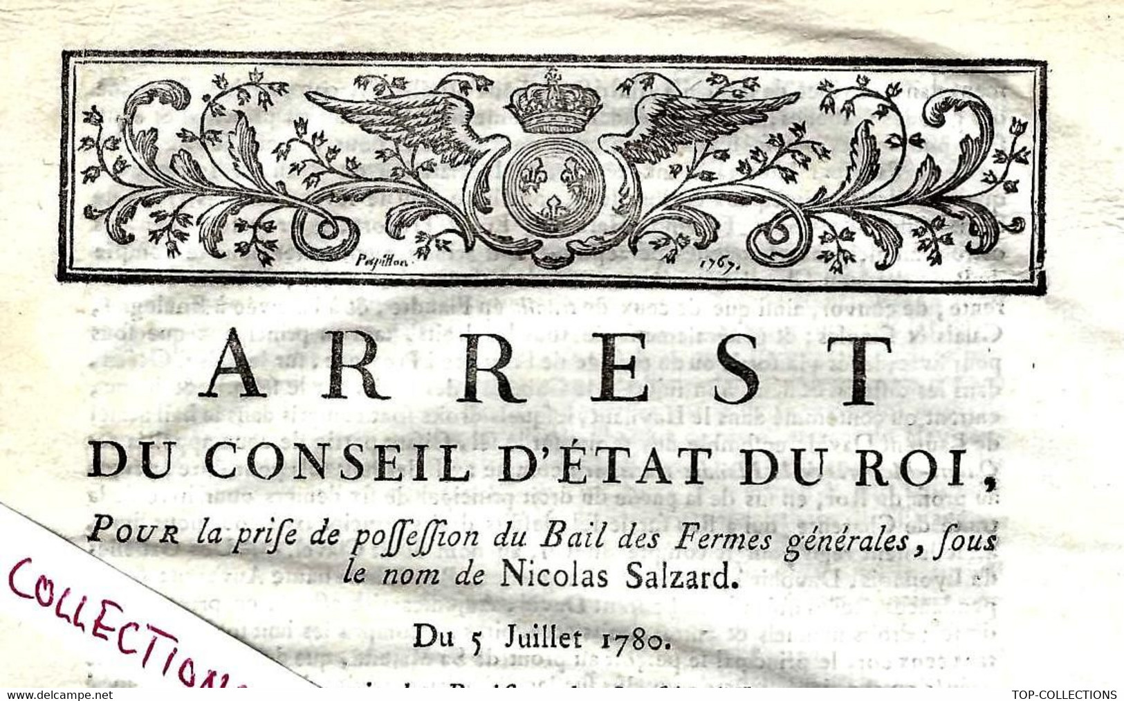 1780 ARREST CONSEIL ETAT DU ROI Bail Des Fermes Générales Du Royaume Au Nom De Nicolas Salzard  Complet Sur 8 Pages - Historische Documenten