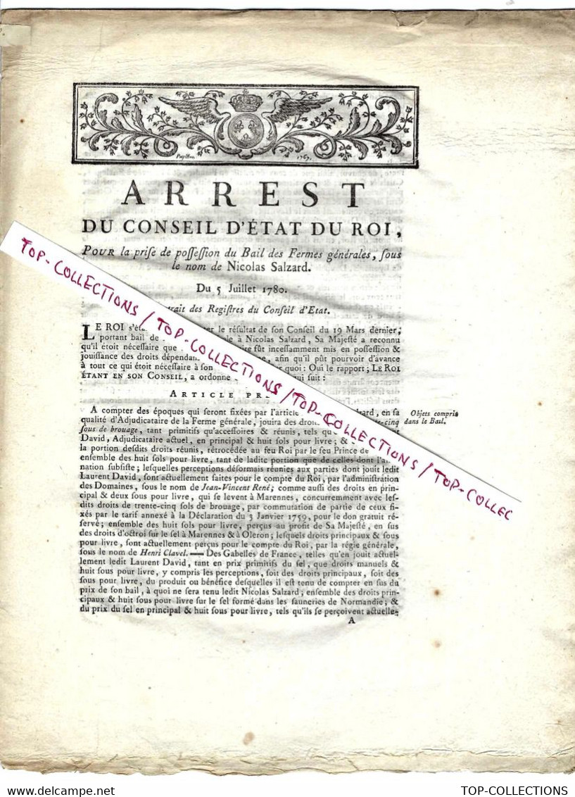 1780 ARREST CONSEIL ETAT DU ROI Bail Des Fermes Générales Du Royaume Au Nom De Nicolas Salzard  Complet Sur 8 Pages - Historische Documenten