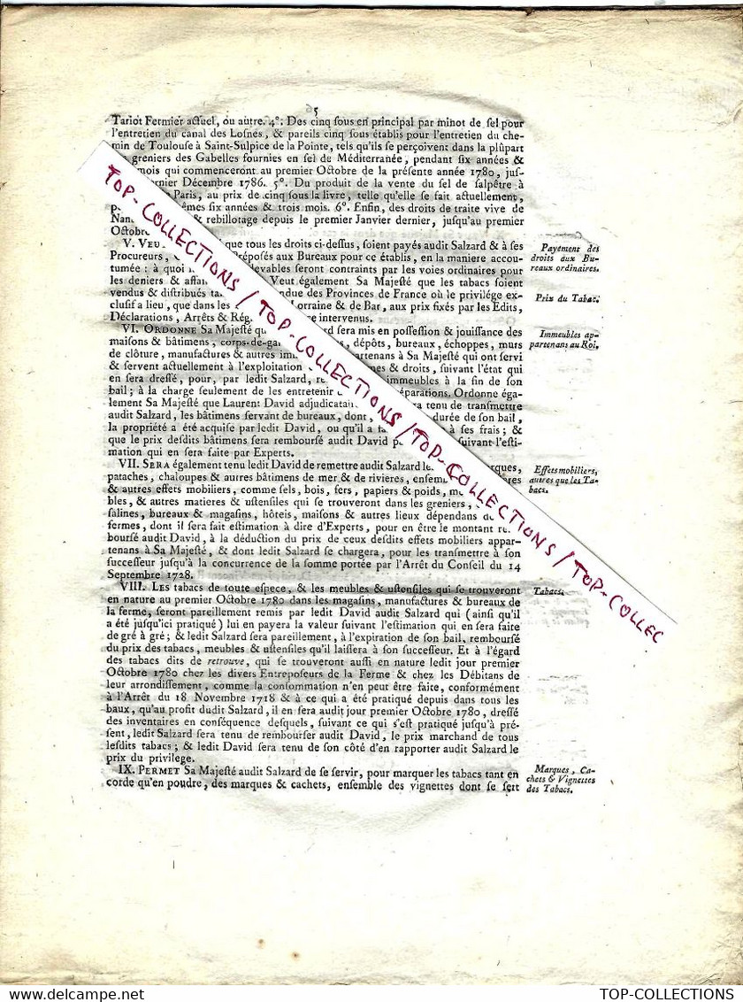 1780 ARREST CONSEIL ETAT DU ROI Bail Des Fermes Générales Du Royaume Au Nom De Nicolas Salzard  Complet Sur 8 Pages - Historical Documents