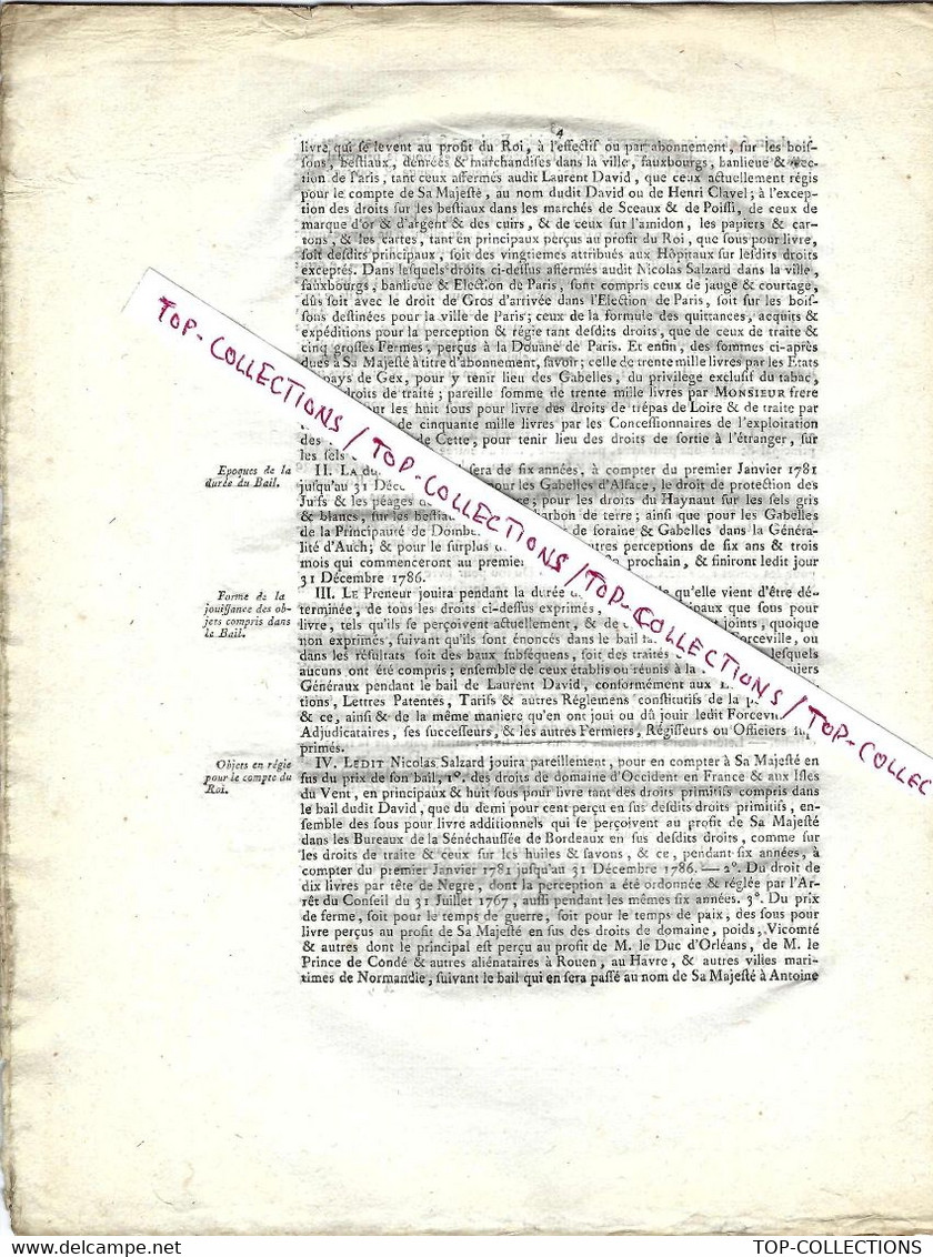 1780 ARREST CONSEIL ETAT DU ROI Bail Des Fermes Générales Du Royaume Au Nom De Nicolas Salzard  Complet Sur 8 Pages - Historische Documenten