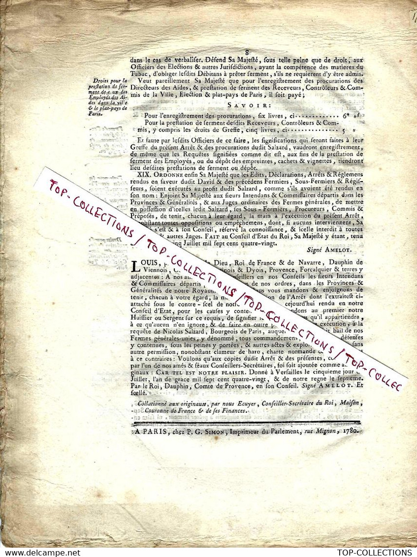 1780 ARREST CONSEIL ETAT DU ROI Bail Des Fermes Générales Du Royaume Au Nom De Nicolas Salzard  Complet Sur 8 Pages - Historical Documents