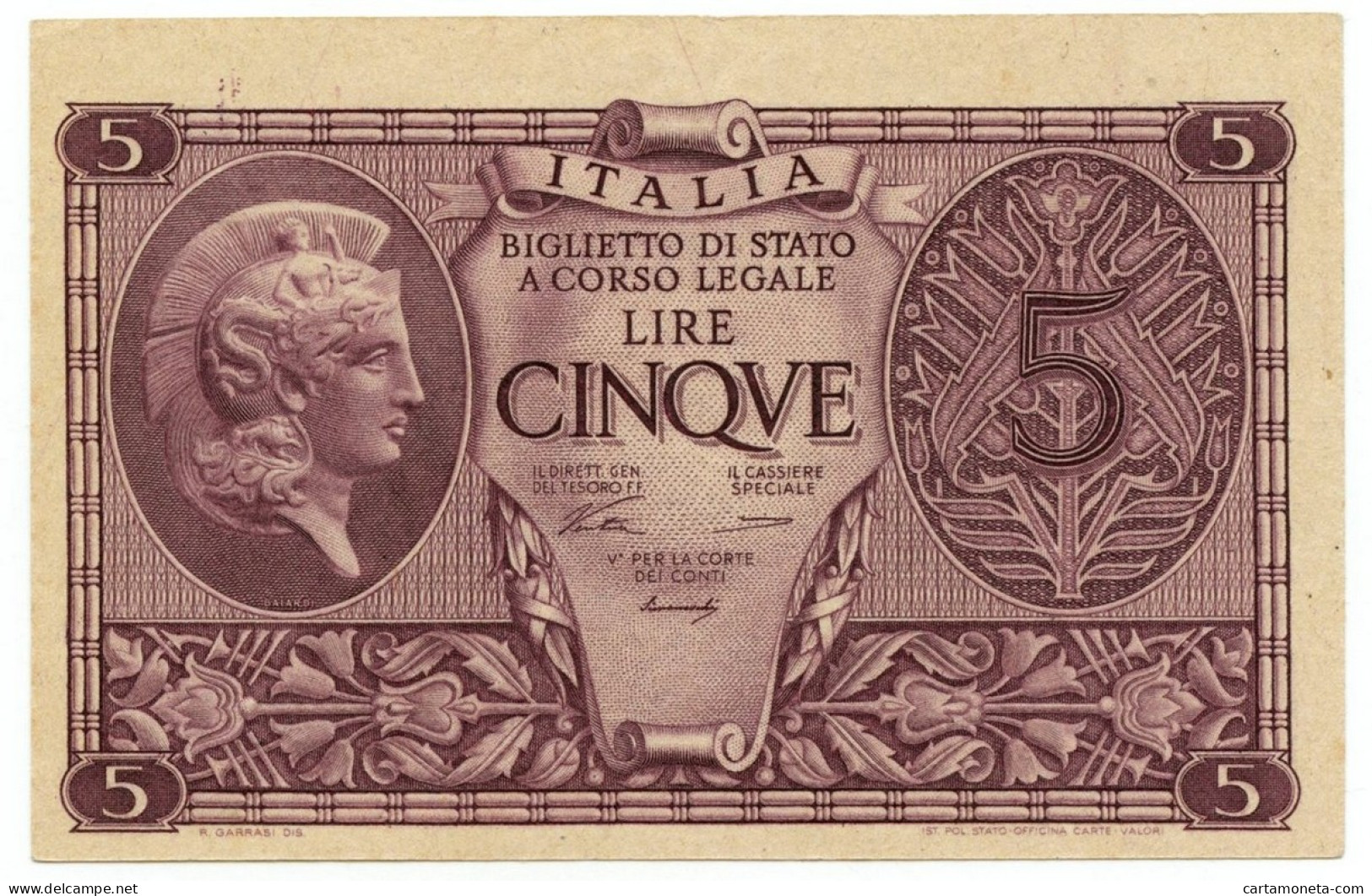 5 LIRE BIGLIETTO DI STATO ATENA LUOGOTENENZA UMBERTO VENTURA 23/11/1944 QFDS - Regno D'Italia - Altri