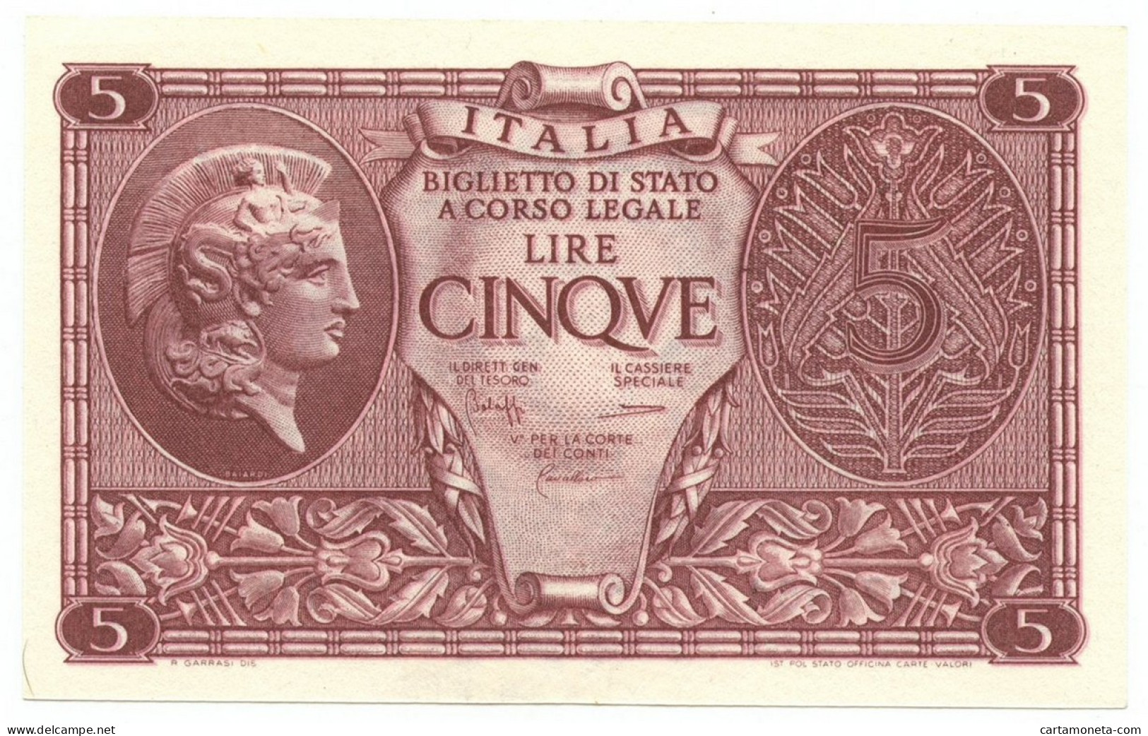 5 LIRE BIGLIETTO STATO ATENA LUOGOTENENZA UMBERTO CAVALLARO 23/11/1944 FDS - Andere