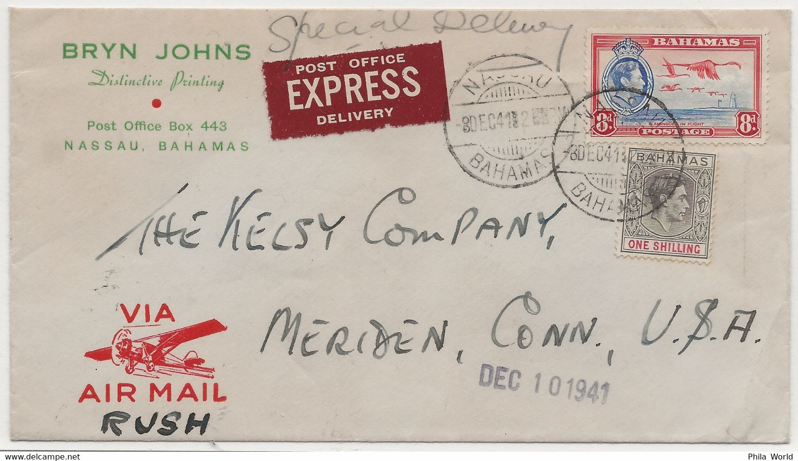 PANAM BAHAMAS 1941 Via Air Mail Rush Express Delivery Post Office Nassau To US Meriden Connecticut FAM 7 Via MIAMI - Avions