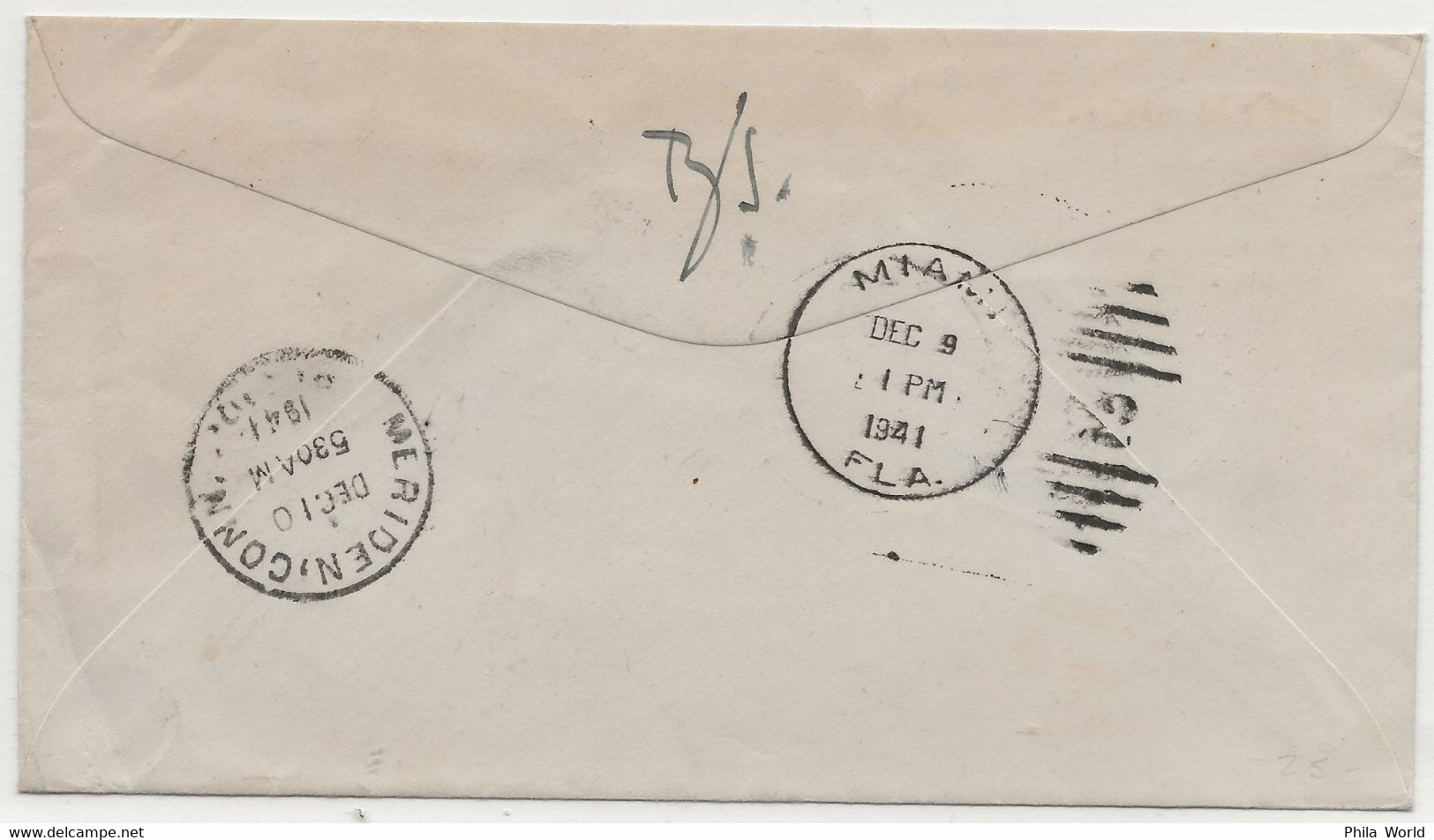PANAM BAHAMAS 1941 Via Air Mail Rush Express Delivery Post Office Nassau To US Meriden Connecticut FAM 7 Via MIAMI - Avions