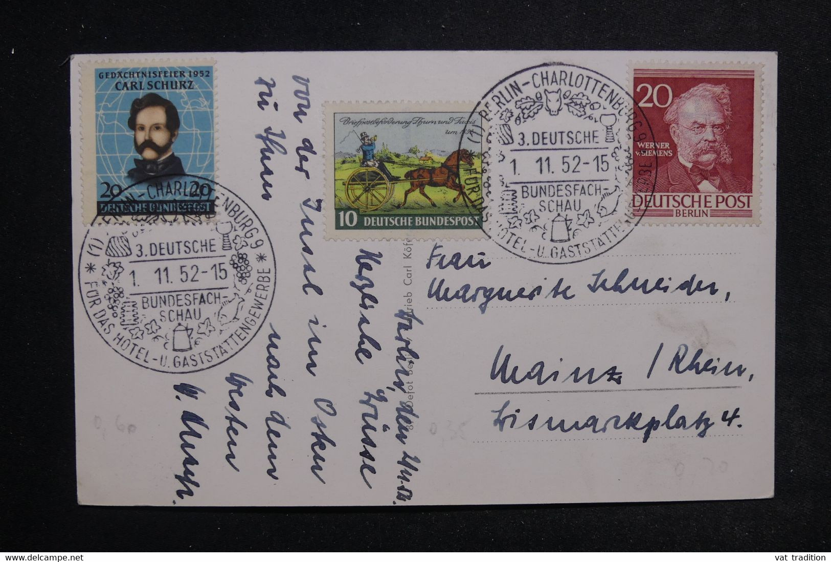 ALLEMAGNE - Oblitération Temporaire De Berlin Sur Carte Postale En 1952 Pour Mainz - L 123746 - Cartas & Documentos