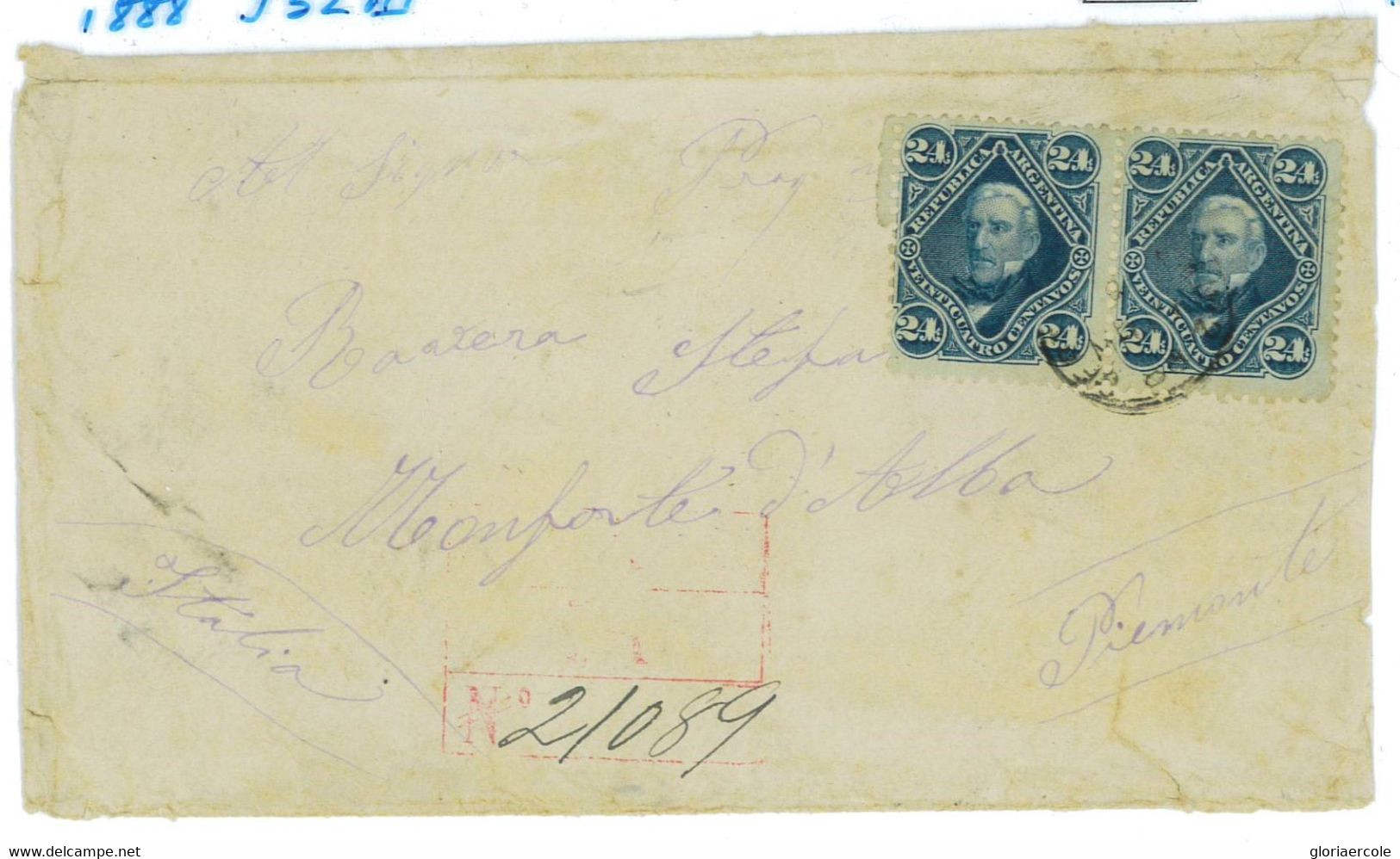 P0253 - ARGENTINA - POSTAL HISTORY - Jalil # 52 Pair - REGISTERED COVER  To ITALY  1888 - Brieven En Documenten