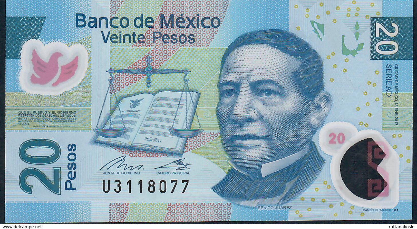 MEXICO P122o 20 PESOS  16.1.2017 Serie AD #U311... VF    FOLDS NO P.h. - Mexique