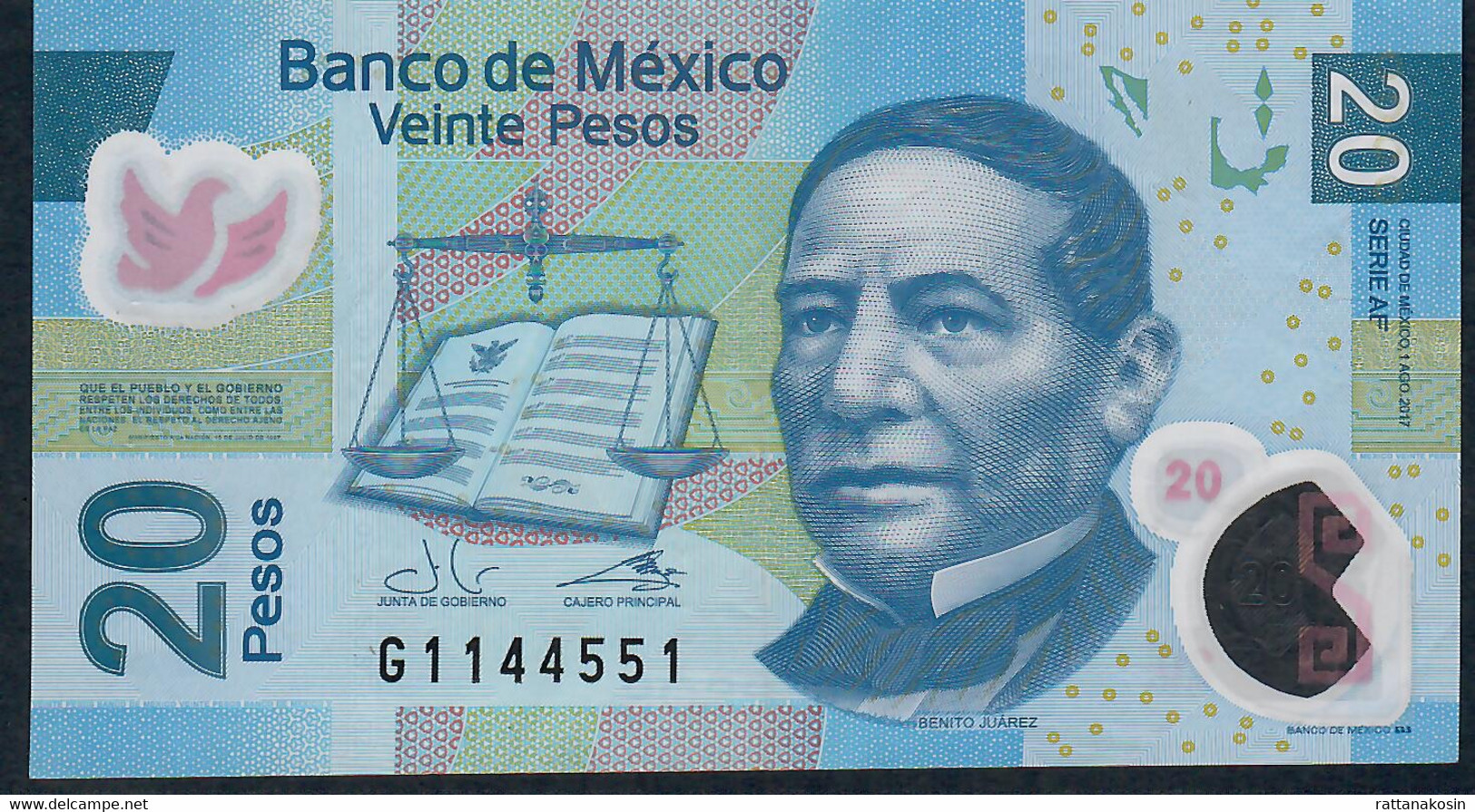 MEXICO P122p 20 PESOS  1.8.2017 Serie AF #G114... AVF    FOLDS NO P.h. - Mexique