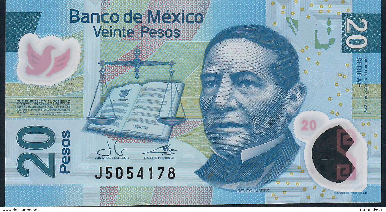 MEXICO P122p 20 PESOS  1.8.2017 Serie AF #J505... AVF FOLDS NO P.h. - Mexique