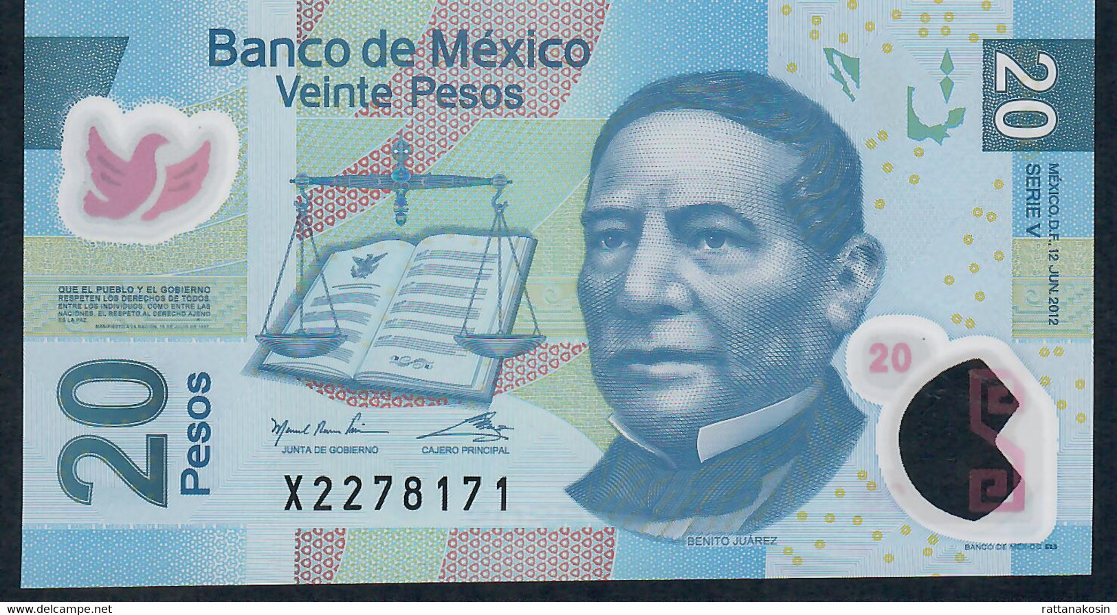 MEXICO P122l 20 PESOS  12.6.2012 Serie V #X227... UNC. - Mexique