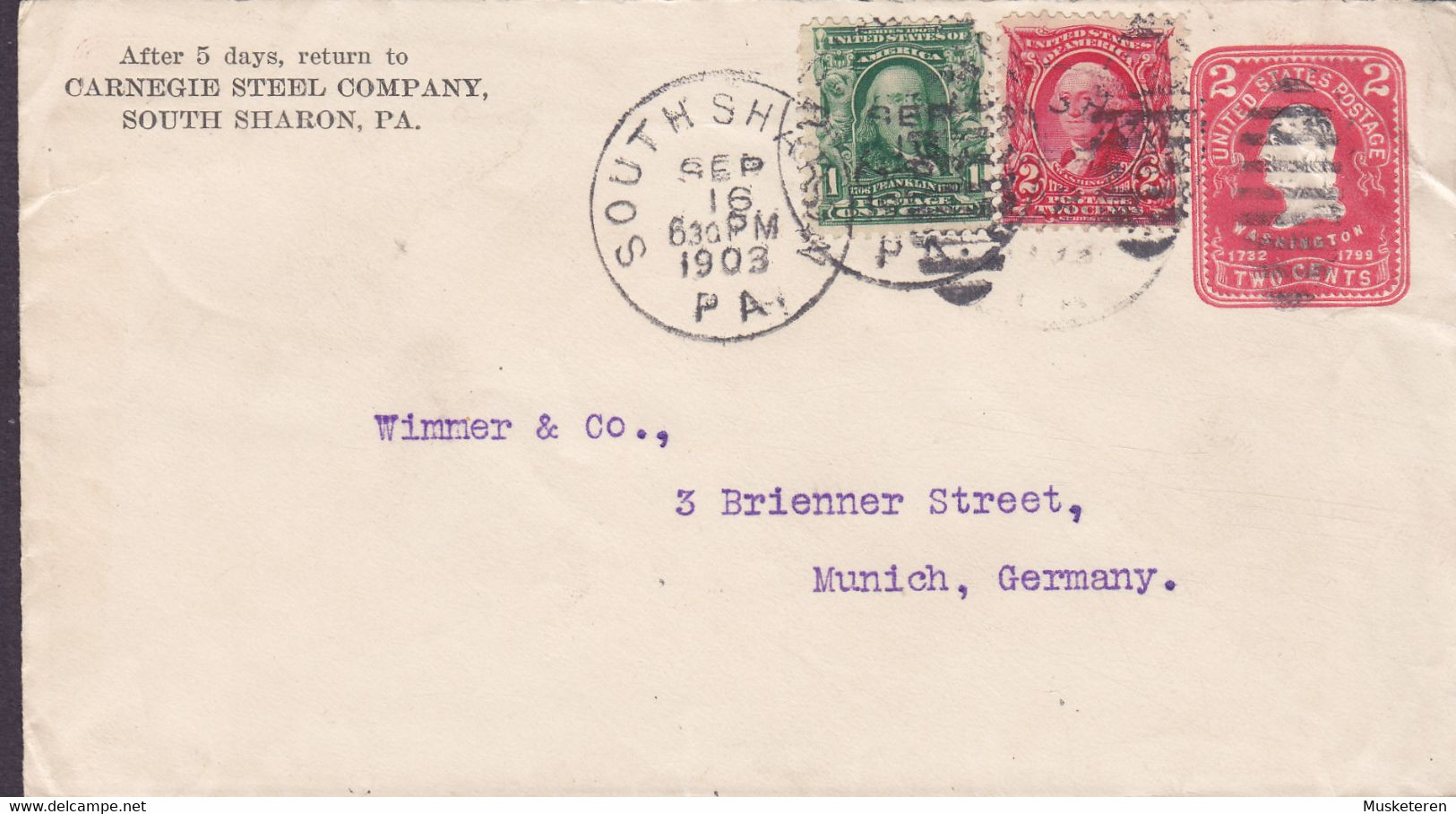 United States Uprated Postal Stationery Ganzsache PRIVATE Print CARNEGIE STEEL COMPANY, SOUTH SHARON Pa. 1903 Germany - 1901-20