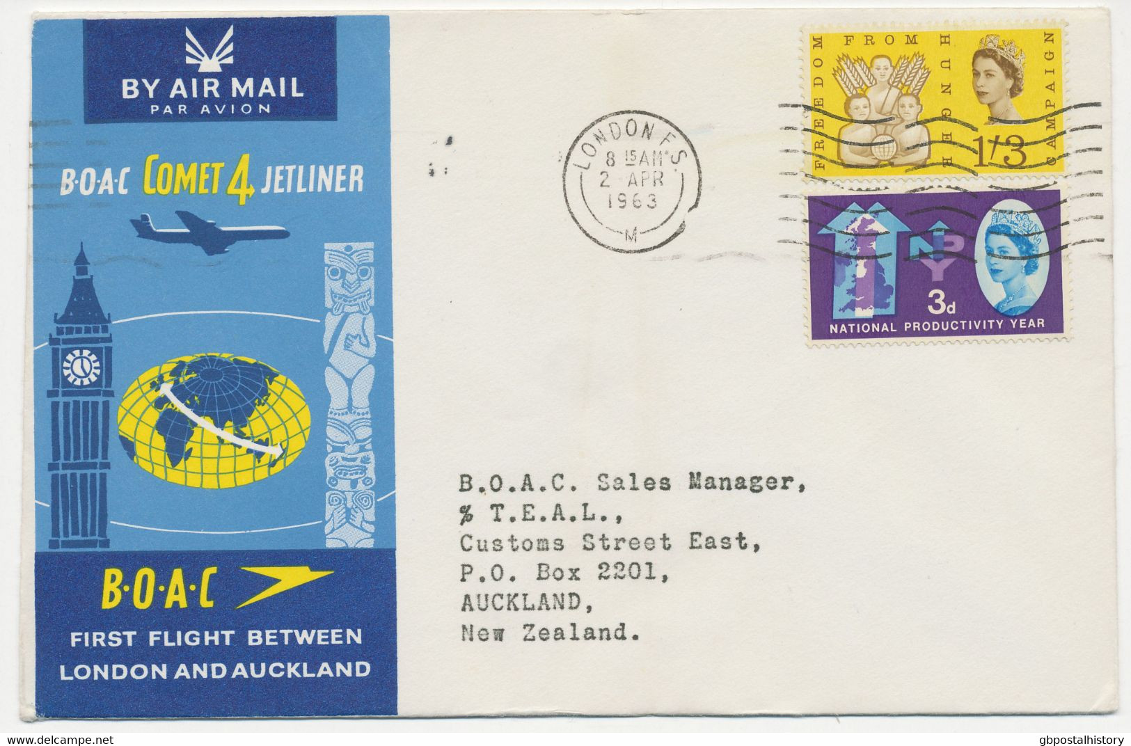 GB 1963 Rare Correct Mixed Postage (1sh 6d) Flown With B.O.A.C. Britannia Jet-Prop Airliner, Superb Maiden Flight - Storia Postale