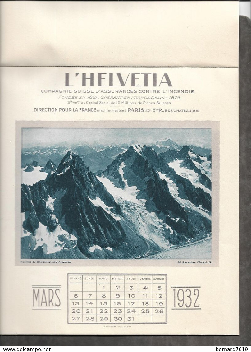 Calendrier  -  L'helvetia Incendie   75009 Paris Rue De Chateaudun   1932 Avec 12 Vues Des Alpes Sur Support Cartonne - Grand Format : 1921-40