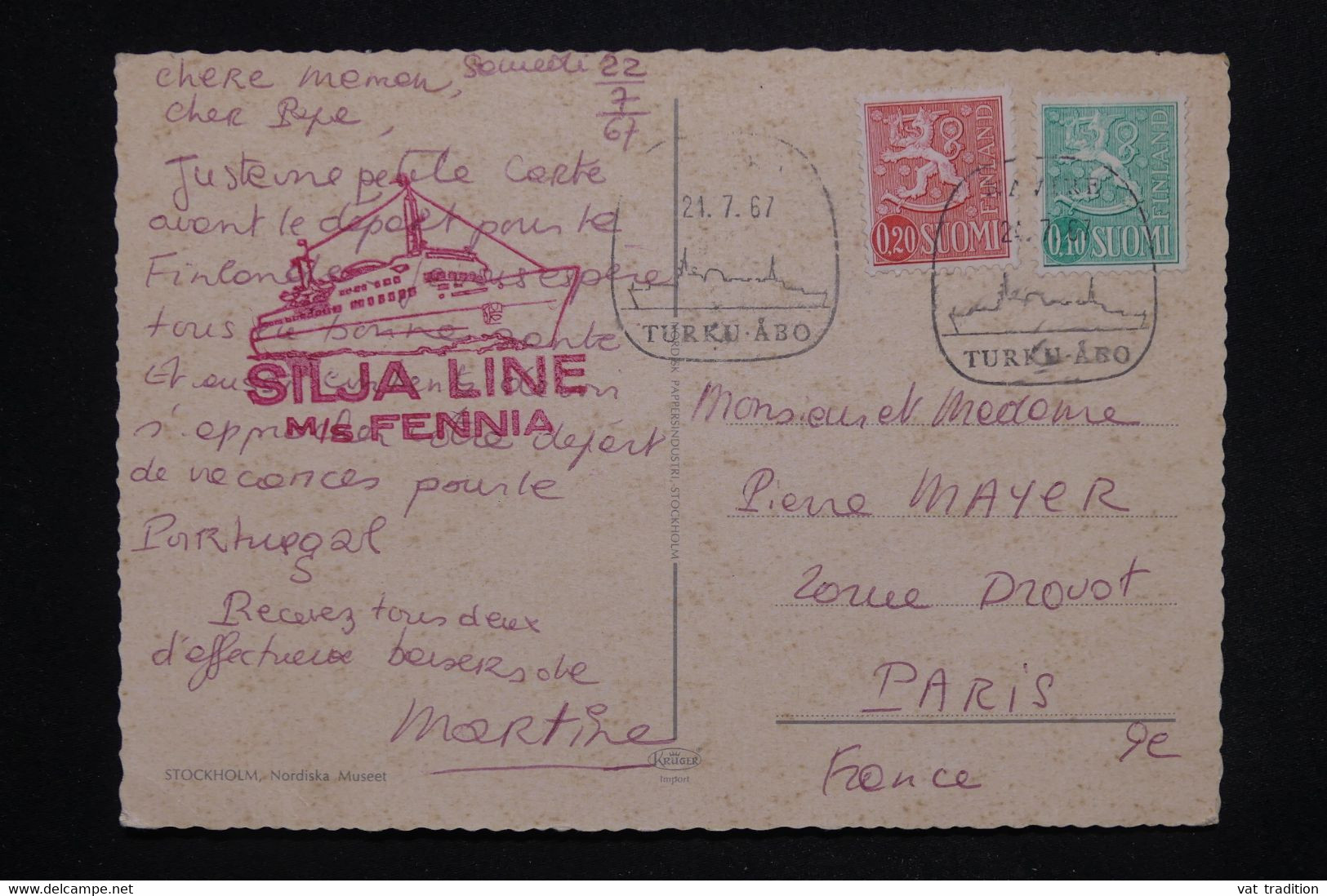 FINLANDE - Cachet De Bateau ( M/S Fennia ) Sur Carte Postale De Stockholm Pour Paris En 1967- L 123824 - Brieven En Documenten