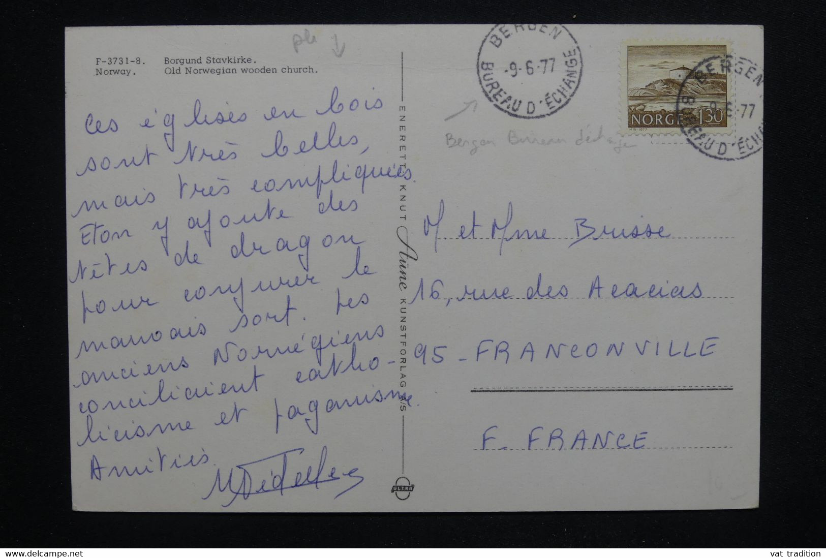 NORVÈGE - Oblitération " Bergen Bureau D'Echange " Sur Carte Postale En 1977 Pour La France- L 123826 - Lettres & Documents