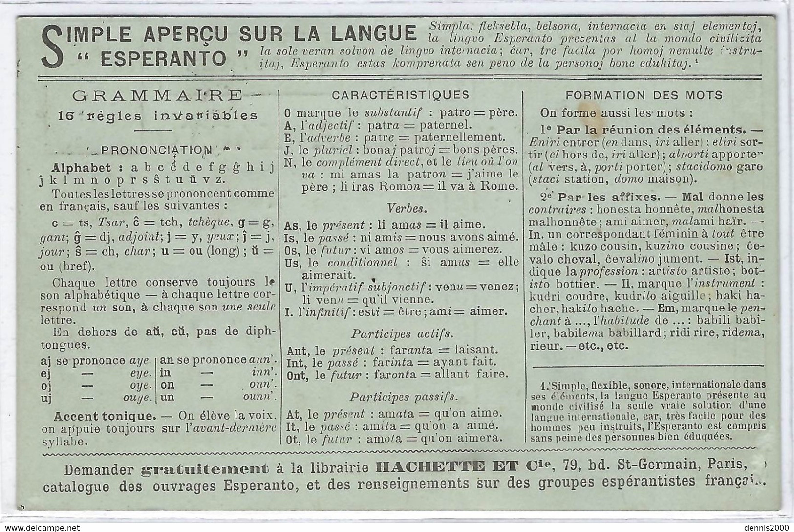 ESPERANTO - Simple Aperçu Sur La Langue - Carte PUB Librairie HACHETTE Et Cie, Paris - Esperanto