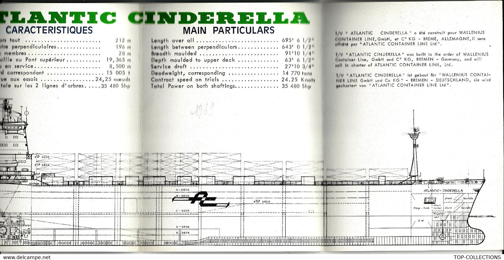 1969 1970 France GIRONDE Dunkerque NAVIGATION  PORTE CONTAINERS  ATLANTIC CINDERELLA CARACTERISTIQUES V.SCANS+HISTORIQUE - Pubblicitari