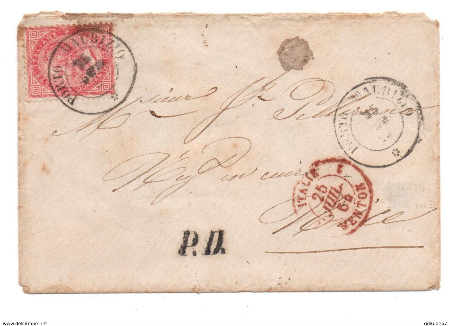 1864 (?) - ENVELOPPE De PORTO MAURIZIO Pour NICE / NIZZA Avec CACHET D'ENTREE ROUGE ITALIE 2 MENTON - Poststempel