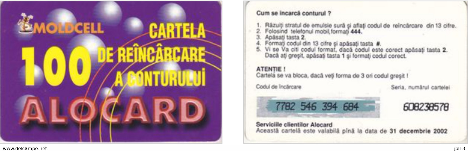 Recharge GSM - Moldavie - Moldcell - Alocard 100 Boules Violettes, Exp.31 Decembrie 2002 - Moldavië