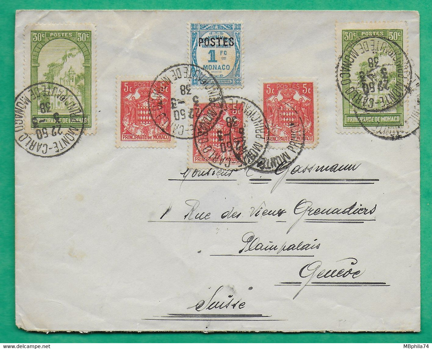 YT N°122 X2 + 150 + 157 X3 BEL AFFRANCHISSEMENT PRINCIPAUTE MONACO MONTE CARLO POUR GENEVE SUISSE 1938 LETTRE COVER - Lettres & Documents