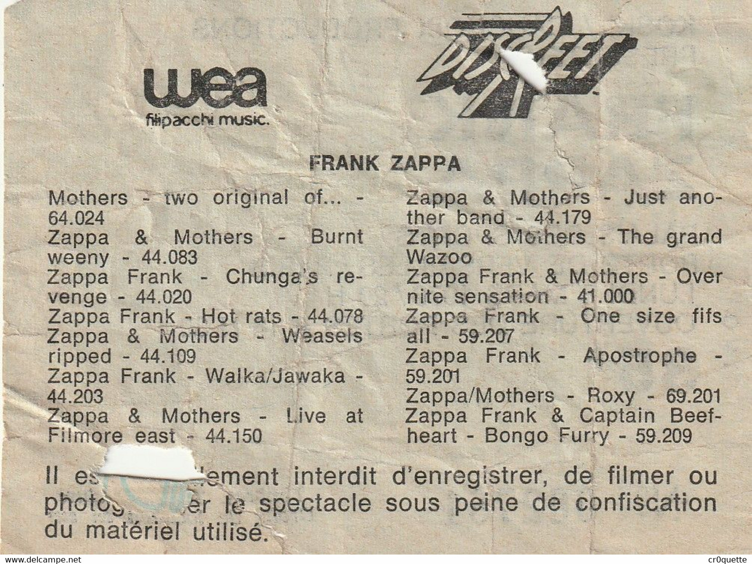 TICKET ENTREE CONCERT FRANK ZAPPA Le LUNDI 8 MARS 1976 / PALAIS DES SPORTS PORTE DE VERSAILLES PARIS - Eintrittskarten