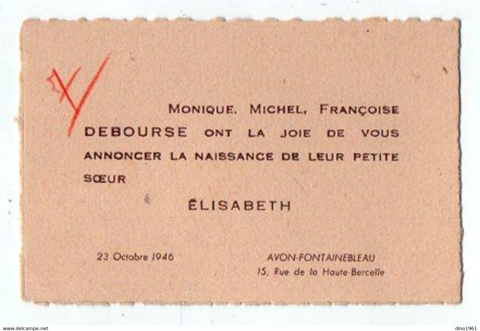 VP19.862 - AVON - FONTAINEBLEAU 1946 - Faire Part De Naissance - Elisabeth DEBOURSE - Naissance & Baptême