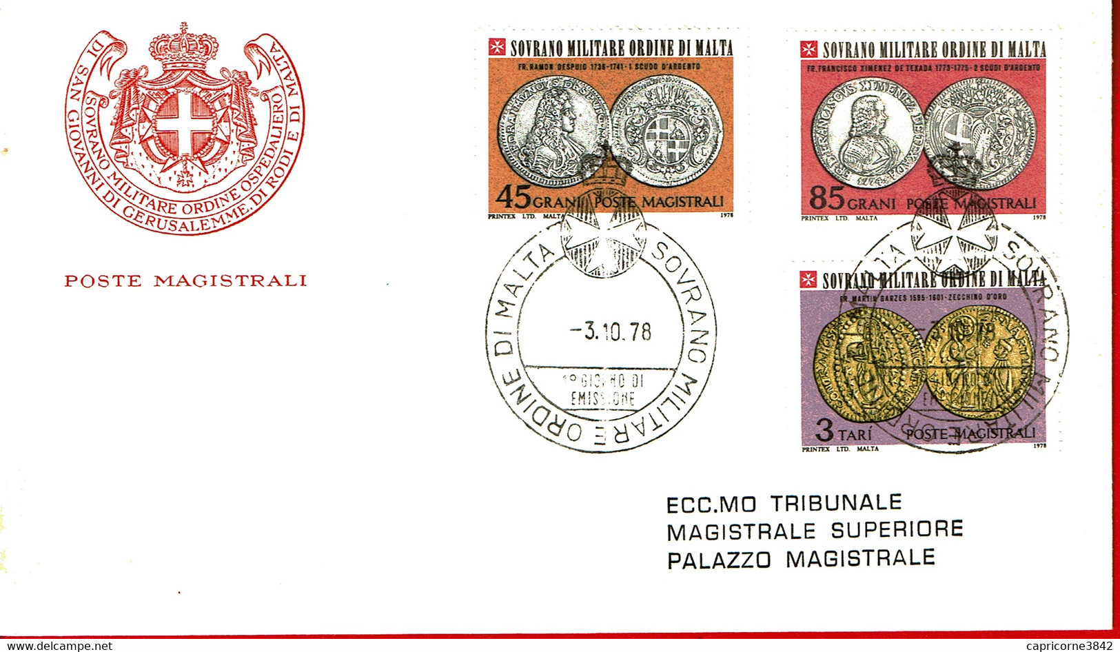 1978 - Malte - FDC - Oblitération "SOVRANO MILITARE ORDINE DI MALTA" Sur 3 Tp Monete - Sovrano Militare Ordine Di Malta