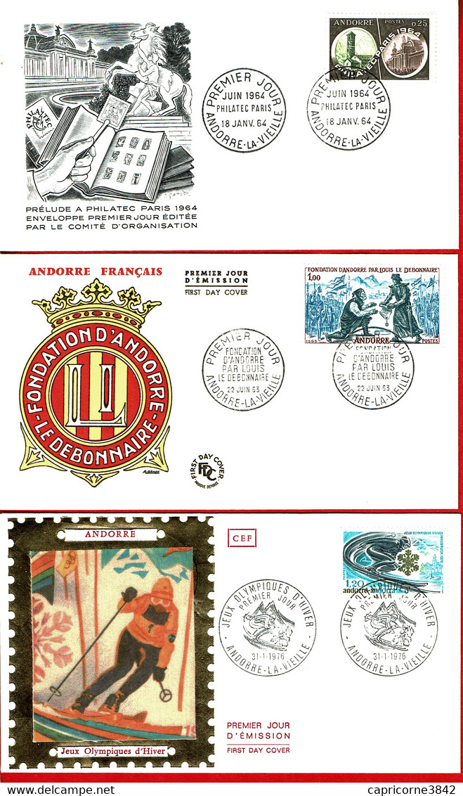 1963/76 - Andorre - 3 Envel : FONDATION D'ANDORRE-JEUX OLYMPIQUES D'HIVER-PHILATEC PARIS - Tp N° 169-171- 251 - FDC