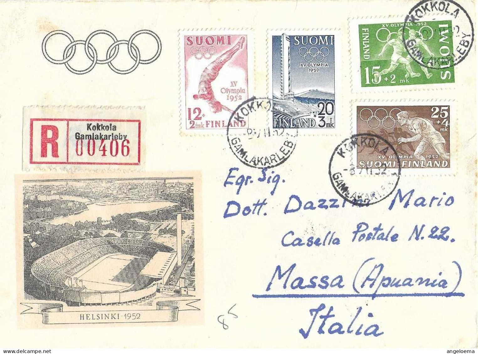 SVEZIA SVERIGE SWEDEN - 1952 KOKKOLA XV Giochi Olimpici Helsinki Olympic Games Serie 4v. Su Raccomandata Per Italia-7527 - Ete 1952: Helsinki