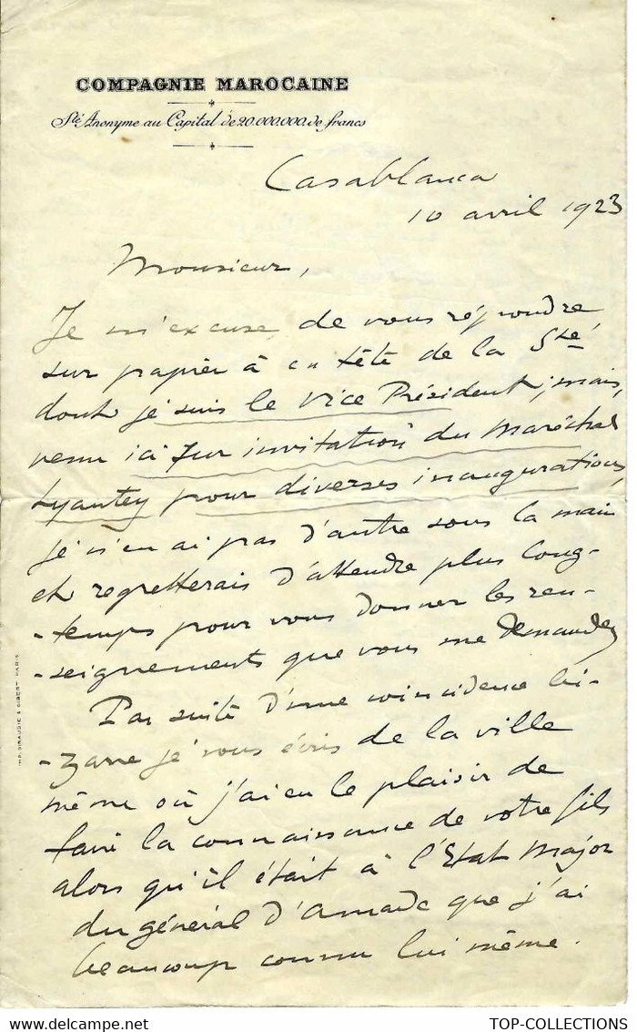1923 ENTETE COMPAGNIE MAROCAINE  Partie Lettre Par Caqueray De Valolive Vice Président De Cette Cie   4 PAGES DE TEXTE - Other & Unclassified