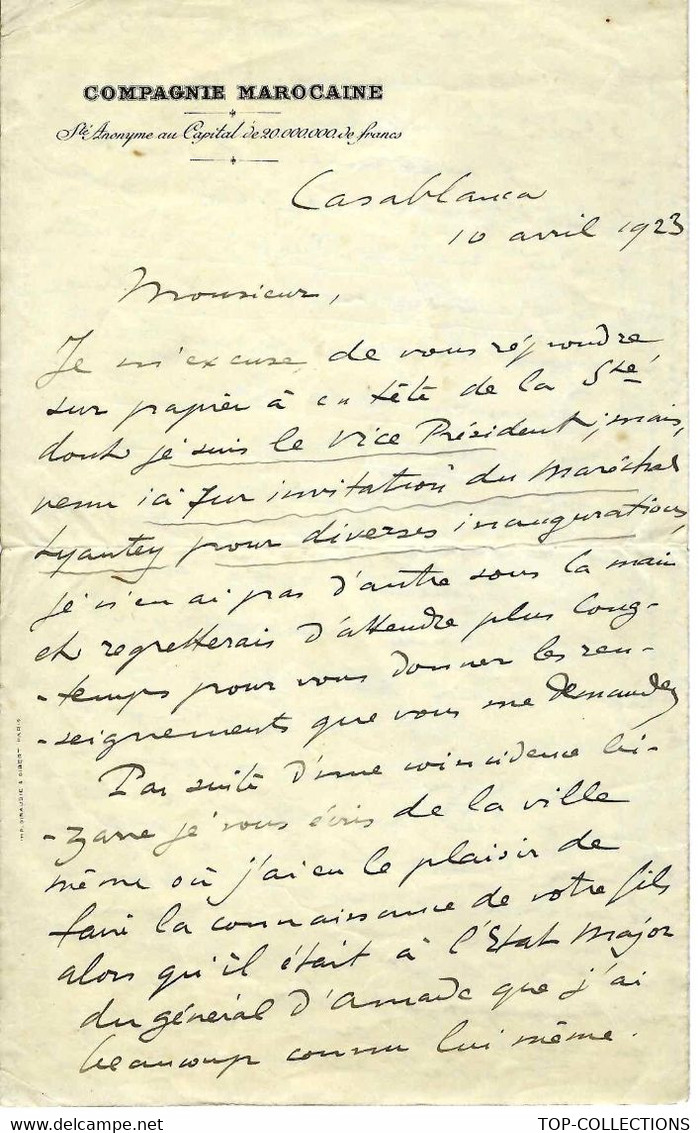 1923 ENTETE COMPAGNIE MAROCAINE  Partie Lettre Par Caqueray De Valolive Vice Président De Cette Cie   4 PAGES DE TEXTE - Otros & Sin Clasificación