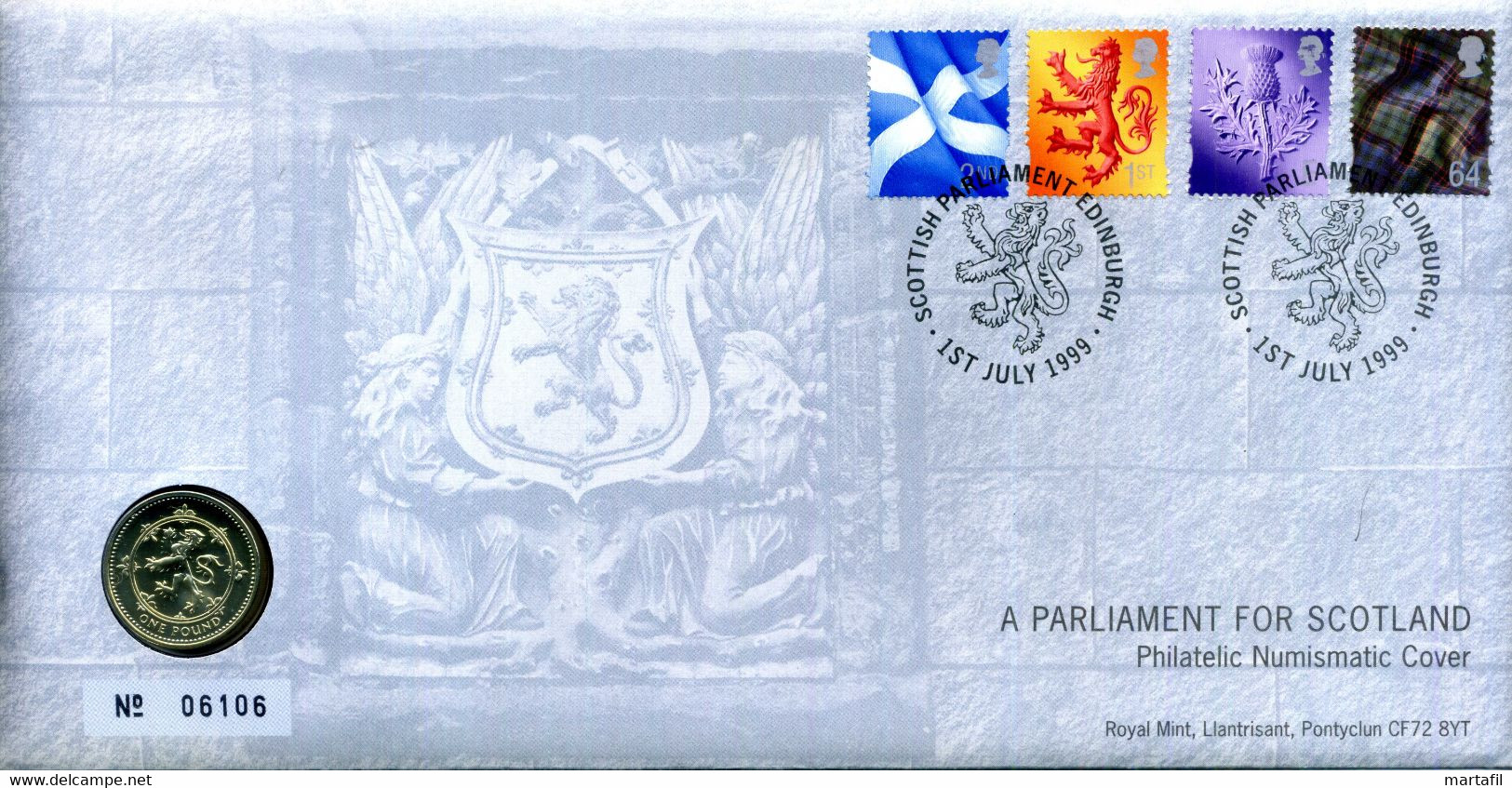 Royal Mail FDC "A Parliament For Scotland Philatelic Numismatic Cover" Scotish Parliament Edinburgh 1999 - Sobres