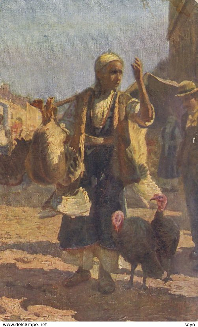 Marchande D' Oies Illustrée Par A. Mitov Mitoff Born In Stara Zagora Colored Geese Dealer Goose Dindon Turkey - Mercaderes