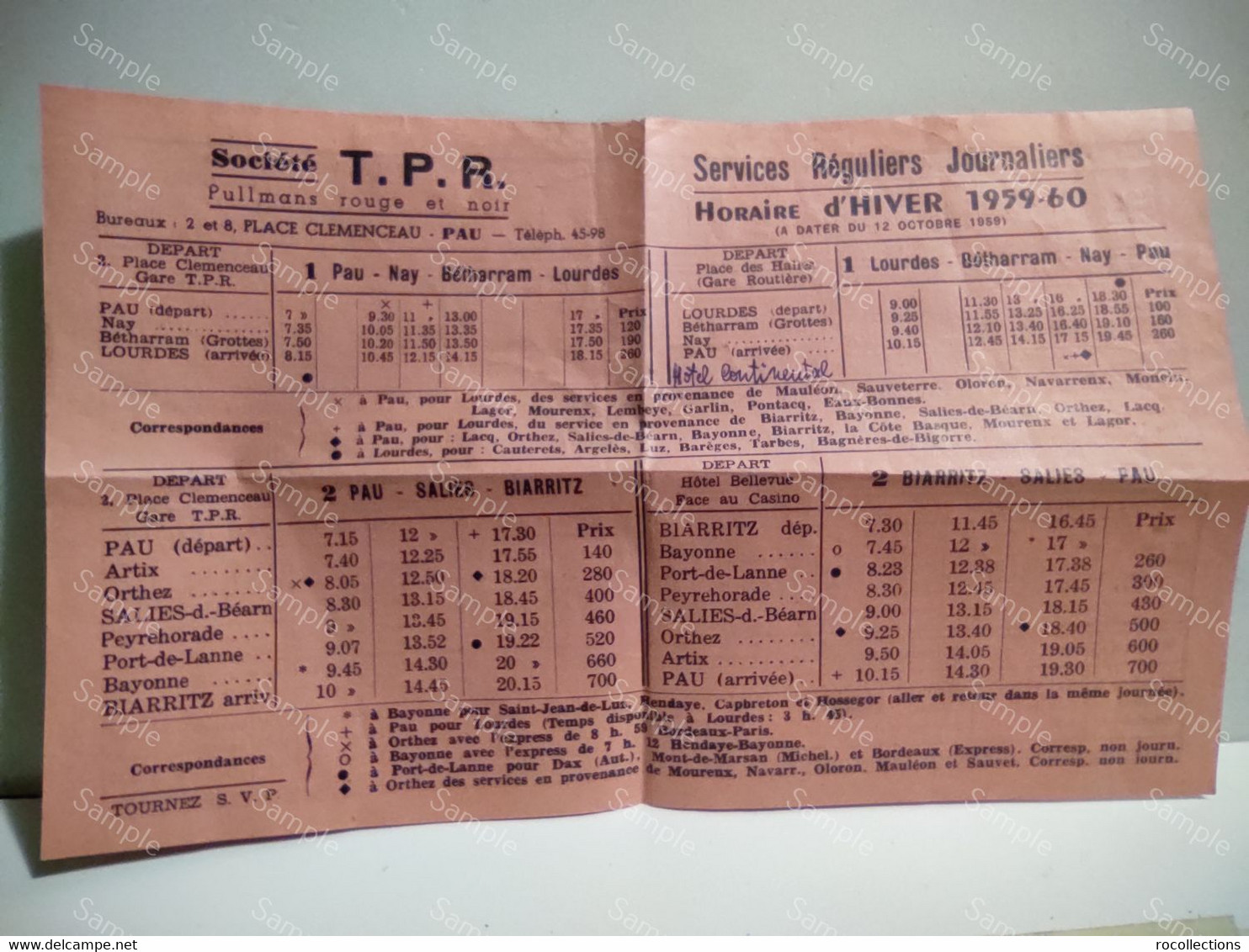 France Timetable Horaire D'Hiver  1959-60. Societe T.PR. Pau Nay Betharram Lourdes Biarritz Salies - Europe