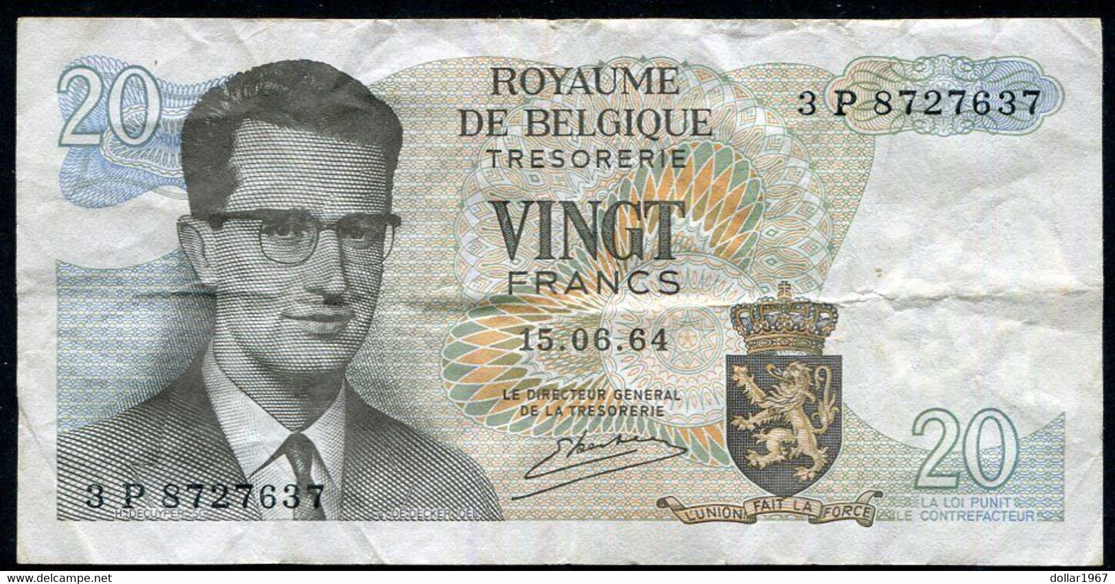 België Belgique Belgium 15 06 1964 -  20 Francs Atomium Baudouin.  3 P 8727637 - 20 Franchi