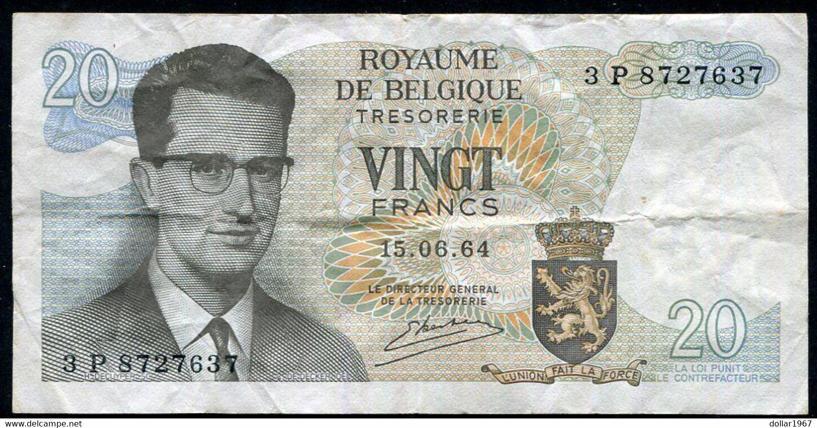 België Belgique Belgium 15 06 1964 -  20 Francs Atomium Baudouin.  3 P 8727637 - 20 Francos