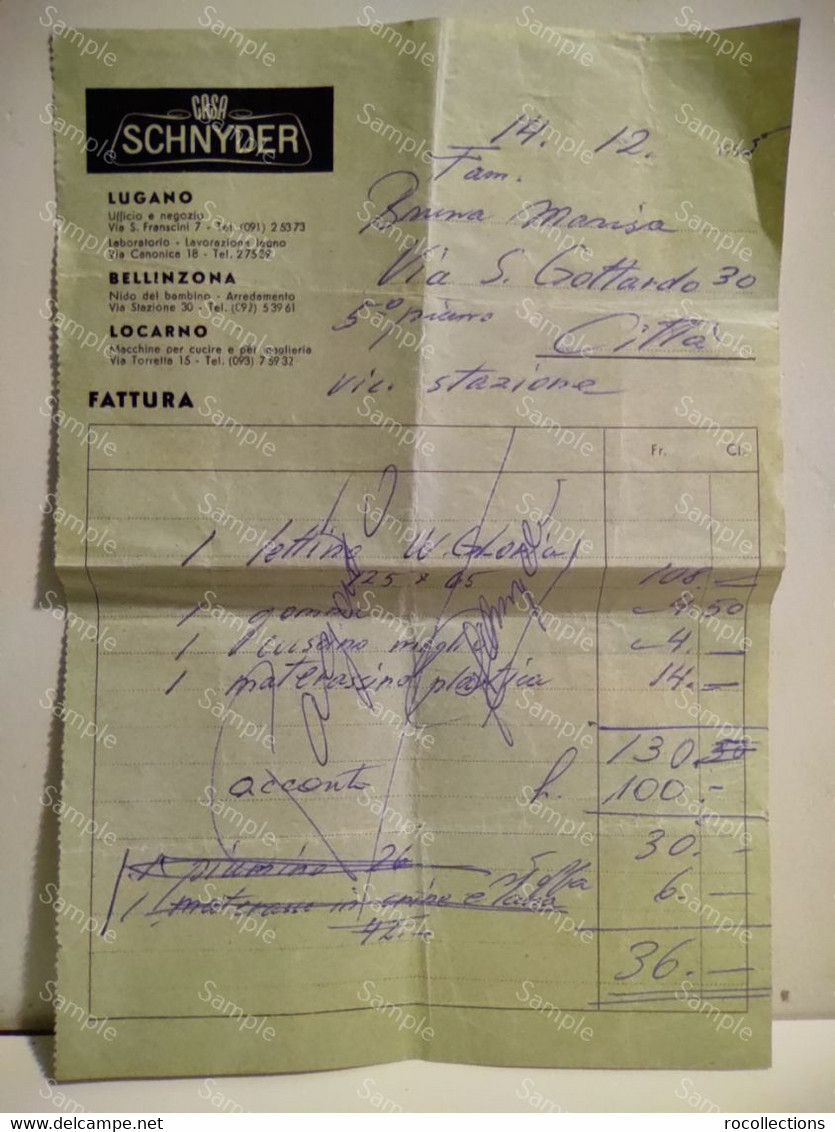 Switzerland Invoice CASA SCHNYDER Lugano Bellinzona Locarno 1955 - Suisse