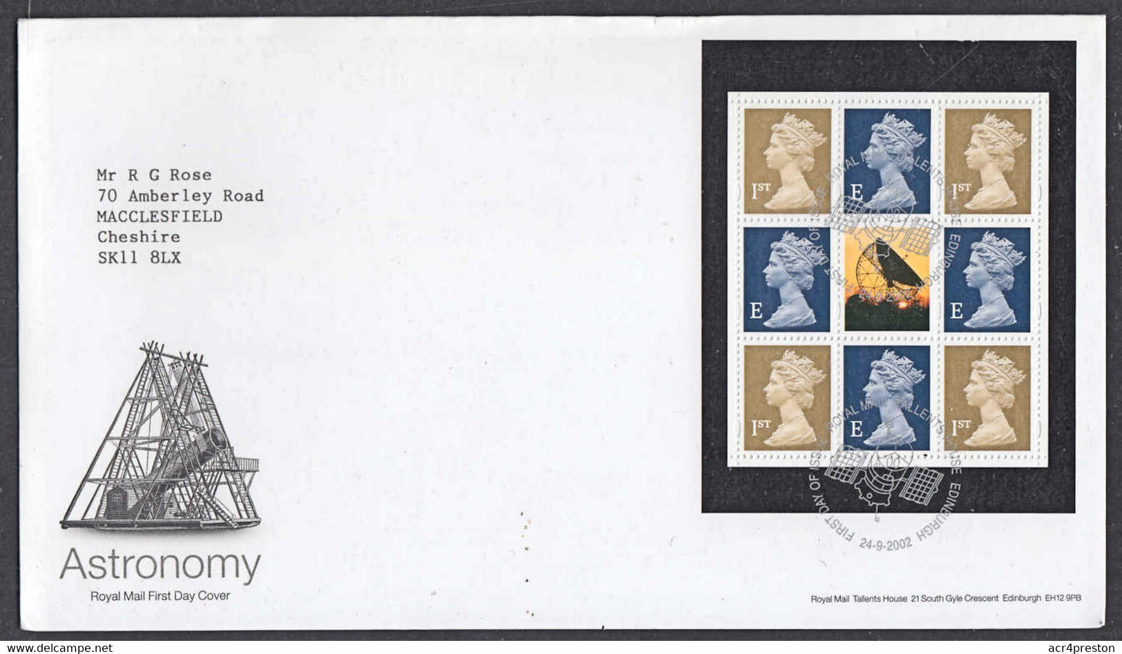 Ca0512 GREAT BRITAIN 2002,  Astronomy Booklet Pane, FDC (small Marks On Cover) - 2001-10 Ediciones Decimales