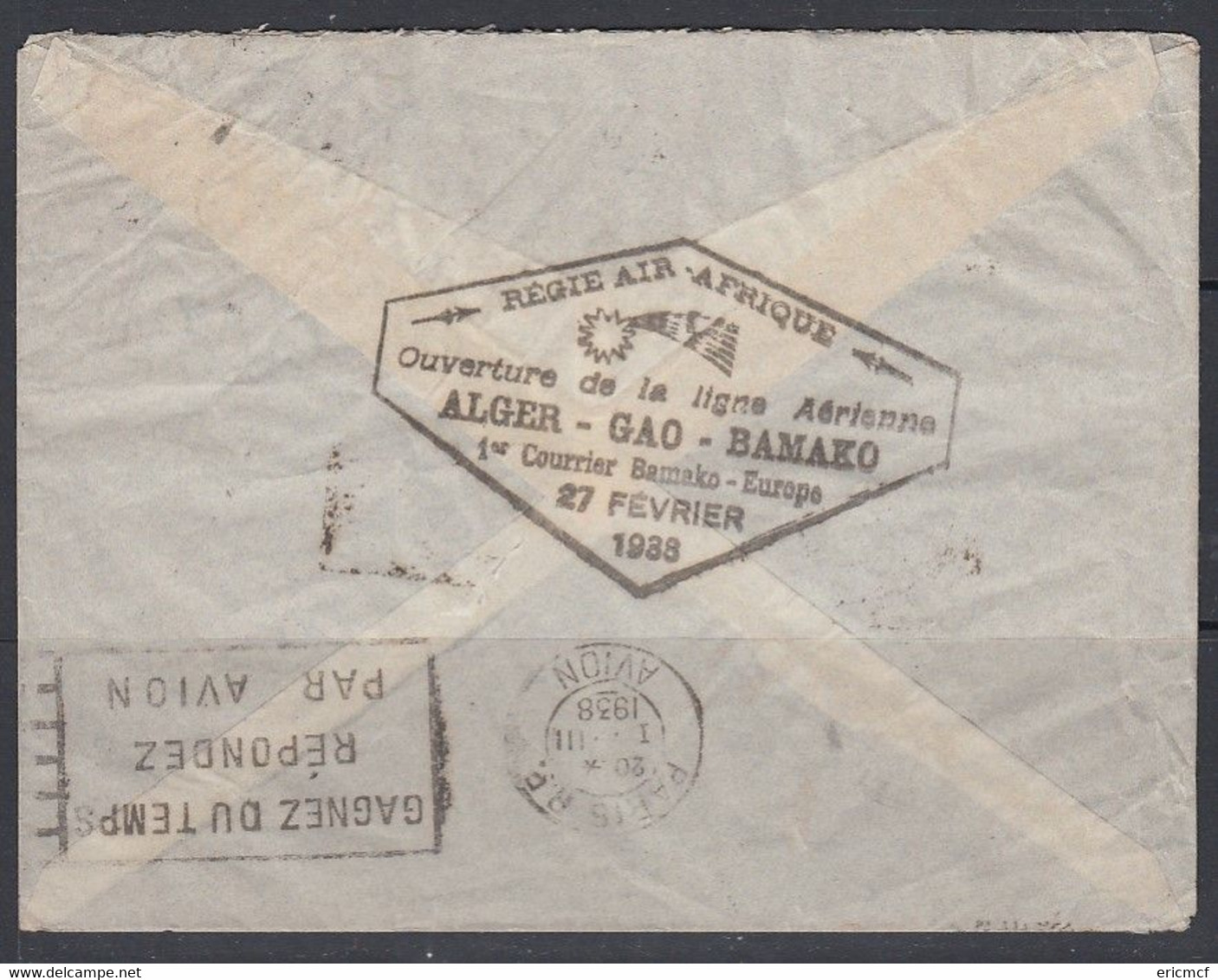 French Sudan 1938 First Flight Bamako Gao Algeria France FF Cover - Lettres & Documents